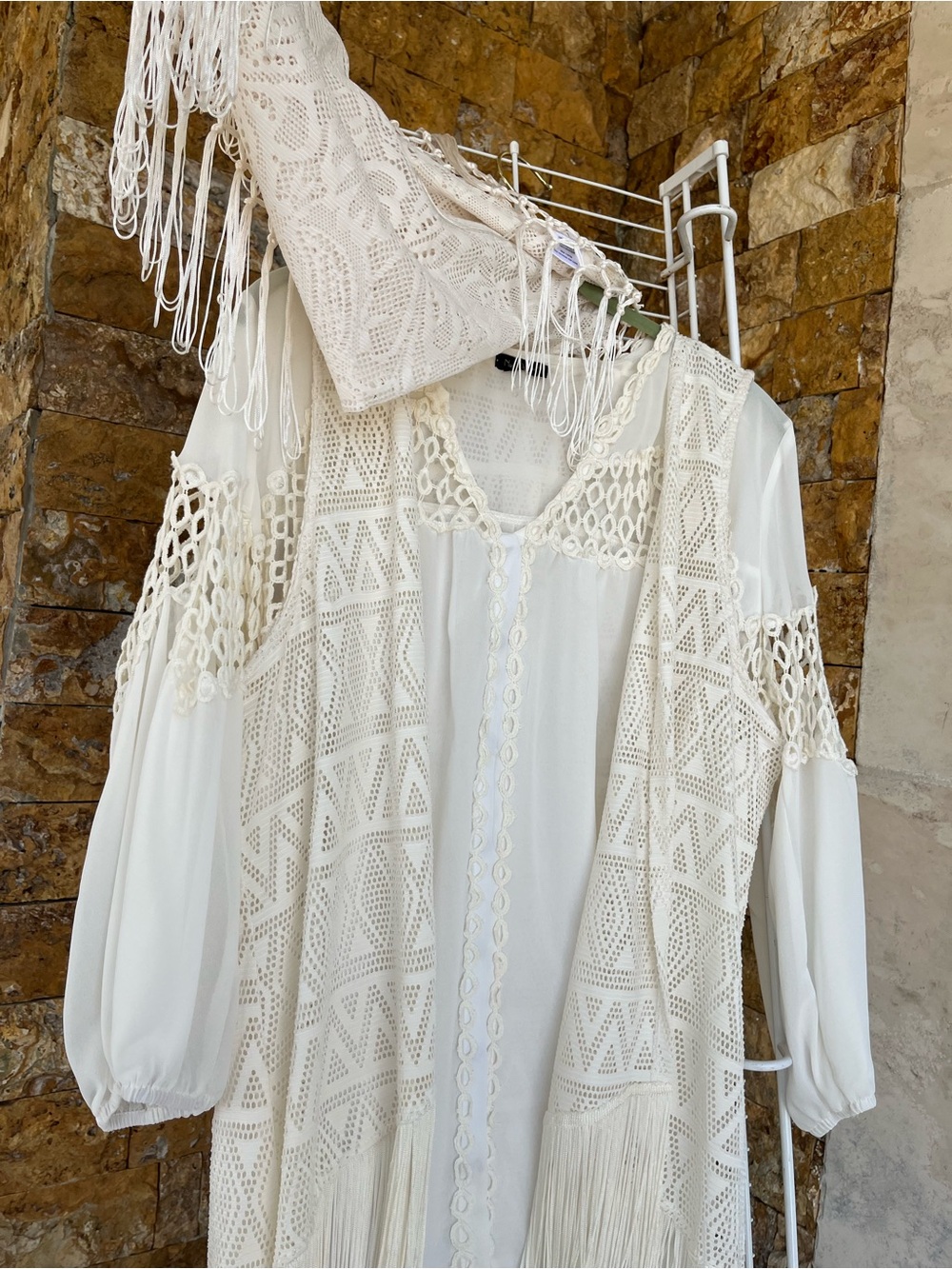 Crochet Fringe Cream Lace Cardigan , vest , scarf -elegant 3 piece set